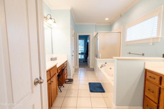 bathroom with vanity, crown molding, tile patterned floors, and plus walk in shower