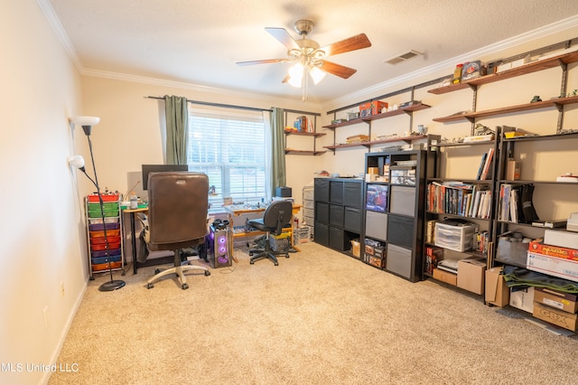 carpeted office featuring ornamental molding, a textured ceiling, and ceiling fan