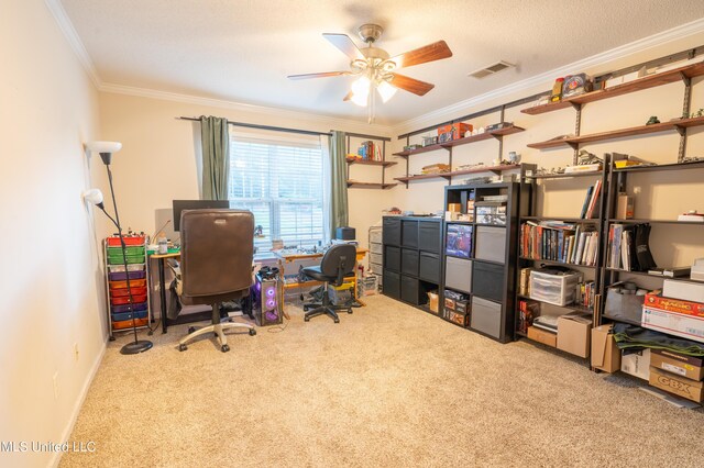 890 Lindsey Cv, Hernando, MS 38632 - home office with carpet, crown molding, and a ceiling fan