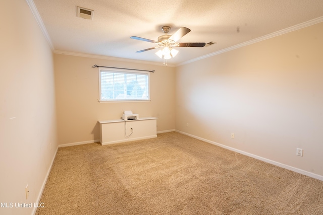 890 Lindsey Cv, Hernando, MS 38632 - unfurnished room with ornamental molding, a ceiling fan, light colored carpet, baseboards, and a textured ceiling