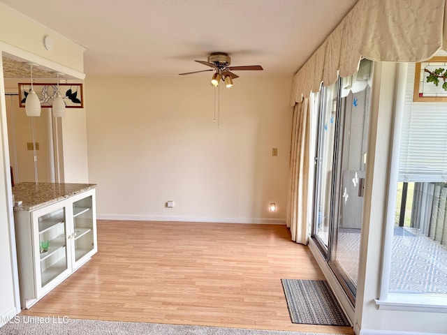 interior space with light wood-style floors, a healthy amount of sunlight, baseboards, and light stone countertops