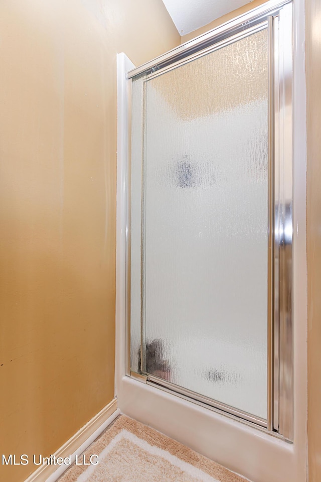 bathroom with a shower with shower door