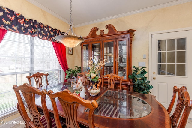 dining space with crown molding and a healthy amount of sunlight