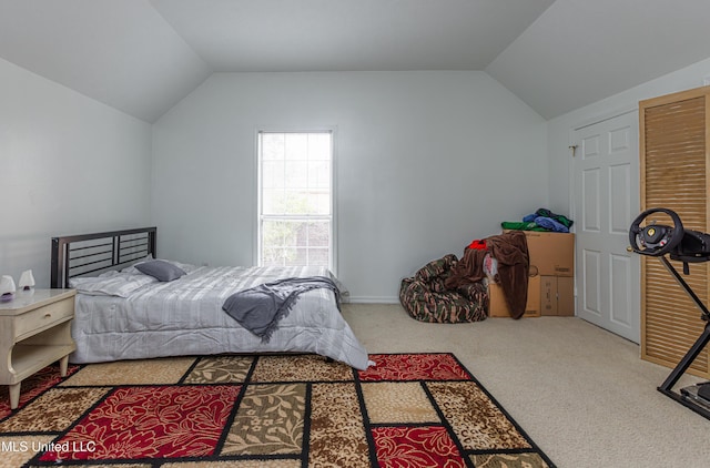 bedroom with lofted ceiling and carpet floors