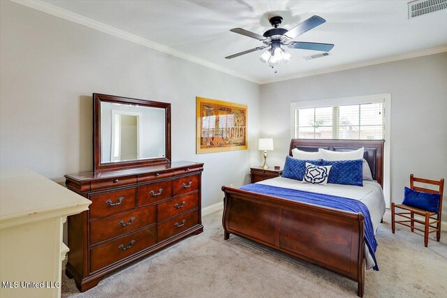 648 Westhill Rd, Brandon, MS 39042 - bedroom with light colored carpet, ornamental molding, a ceiling fan, and baseboards