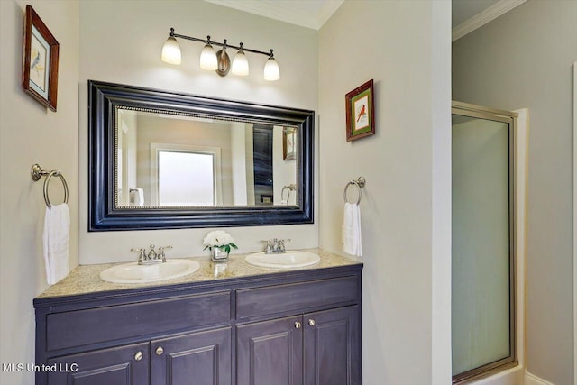 648 Westhill Rd, Brandon, MS 39042 - bathroom featuring ornamental molding, a shower stall, and double vanity