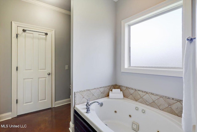 648 Westhill Rd, Brandon, MS 39042 - full bathroom featuring a whirlpool tub, ornamental molding, tile patterned floors, and baseboards