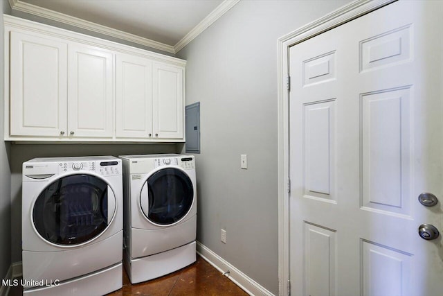 648 Westhill Rd, Brandon, MS 39042 - laundry room featuring cabinet space, baseboards, independent washer and dryer, ornamental molding, and electric panel