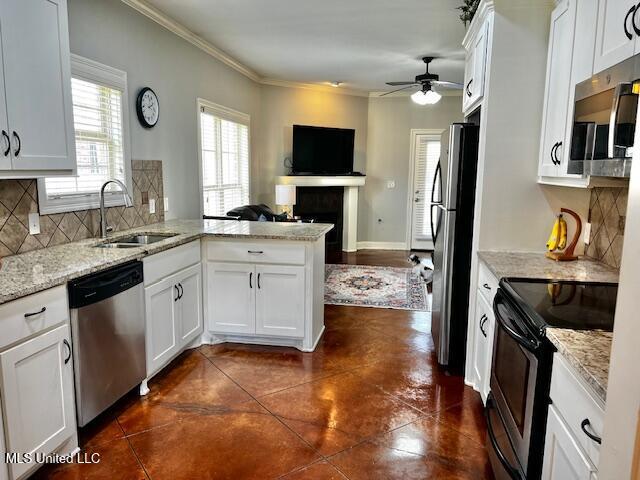 648 Westhill Rd, Brandon, MS 39042 - kitchen featuring stainless steel appliances, a peninsula, ceiling fan, crown molding, and a sink