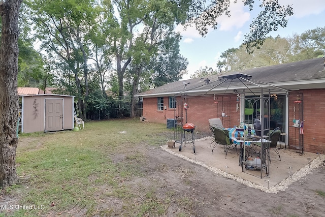 view of yard with a patio and a storage shed