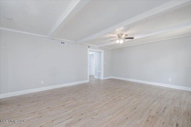 250 1st St, Webb, MS 38966 - spare room featuring beamed ceiling, a ceiling fan, light wood-style floors, ornamental molding, and baseboards