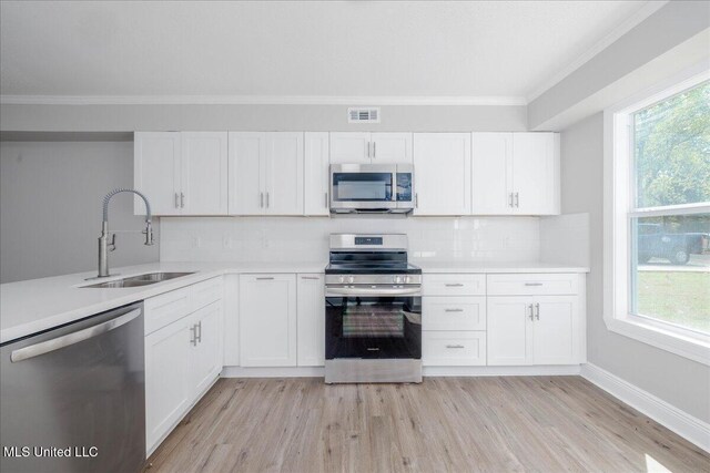 250 1st St, Webb, MS 38966 - kitchen with appliances with stainless steel finishes, a sink, light wood-type flooring, crown molding, and decorative backsplash