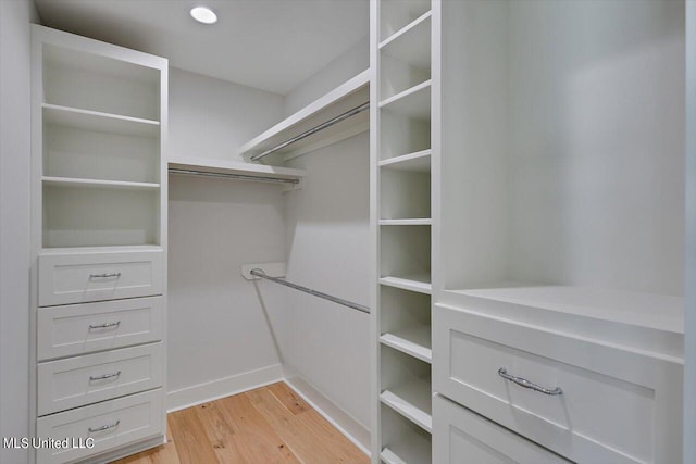 spacious closet with light hardwood / wood-style flooring