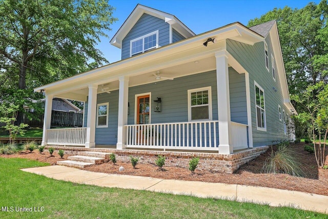 view of front of house featuring covered porch and ceiling fan