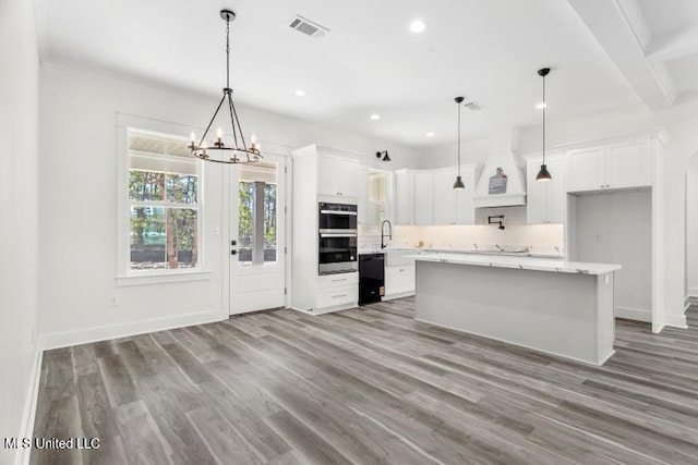 kitchen featuring double oven, wood finished floors, visible vents, custom exhaust hood, and dishwasher