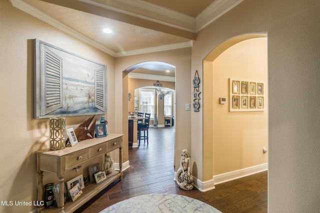 corridor with dark hardwood / wood-style flooring and ornamental molding