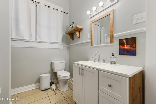 bathroom featuring vanity, toilet, and tile patterned flooring