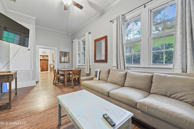 living room with crown molding, hardwood / wood-style floors, and ceiling fan