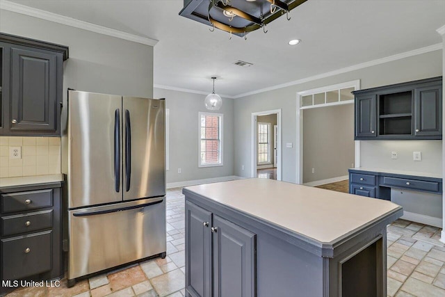 kitchen with crown molding, open shelves, tasteful backsplash, light countertops, and freestanding refrigerator