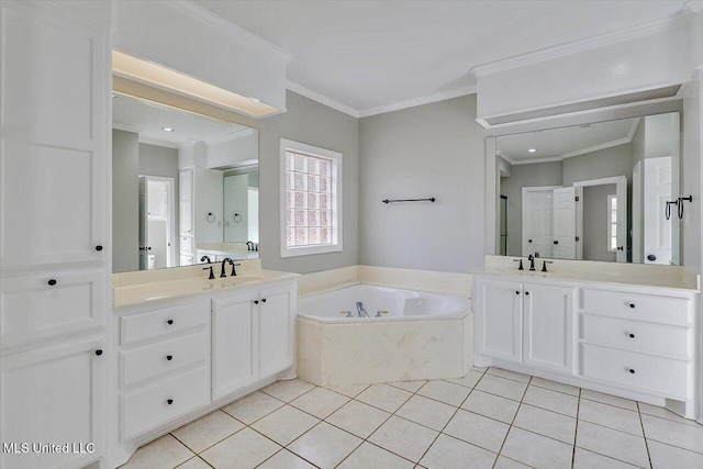 full bathroom with ornamental molding, two vanities, a sink, and tile patterned floors