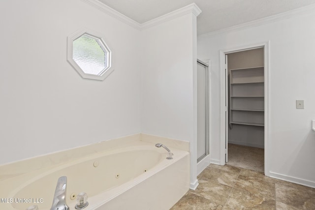 1035 N Azalea Dr, Madison, MS 39110 - full bathroom with a stall shower, ornamental molding, a jetted tub, and baseboards