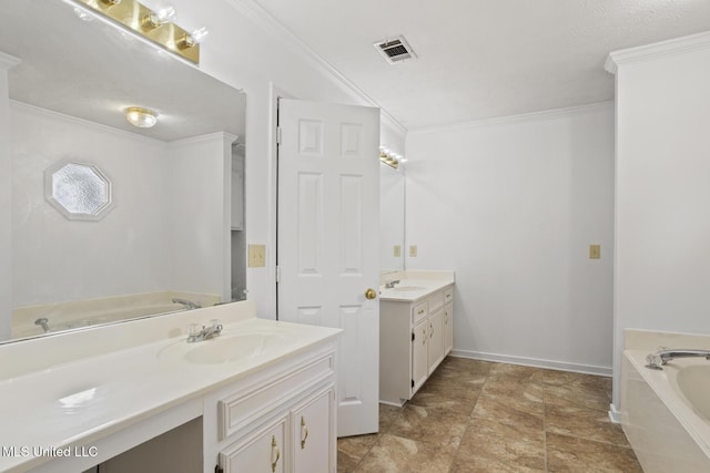 1035 N Azalea Dr, Madison, MS 39110 - full bathroom with two vanities, ornamental molding, a garden tub, baseboards, and stone finish floors