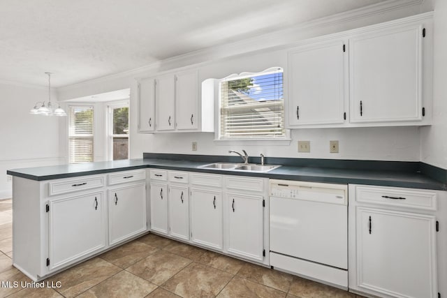 1035 N Azalea Dr, Madison, MS 39110 - kitchen featuring white dishwasher, a sink, dark countertops, ornamental molding, and white cabinets
