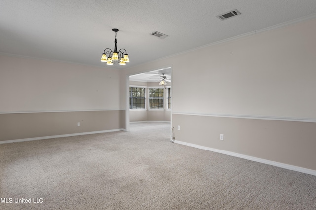 carpeted spare room featuring ornamental molding, ceiling fan with notable chandelier, and a textured ceiling