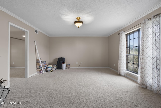 misc room with crown molding, light colored carpet, and a textured ceiling