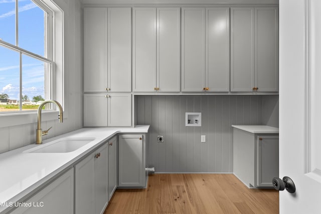 laundry area with hookup for a washing machine, light wood-type flooring, sink, and plenty of natural light