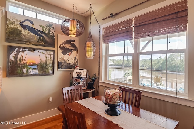 dining space featuring a water view, hardwood / wood-style flooring, and a healthy amount of sunlight