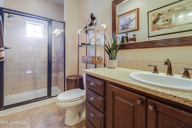 bathroom featuring vanity, tile patterned floors, toilet, and walk in shower