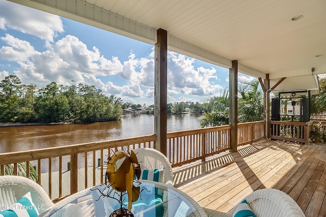 wooden deck featuring a water view