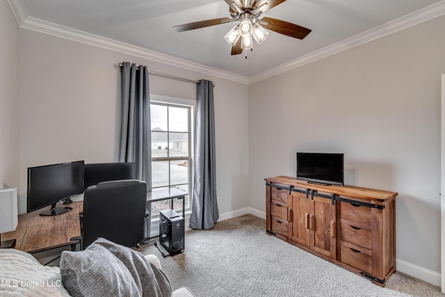 home office with light carpet, ornamental molding, and baseboards