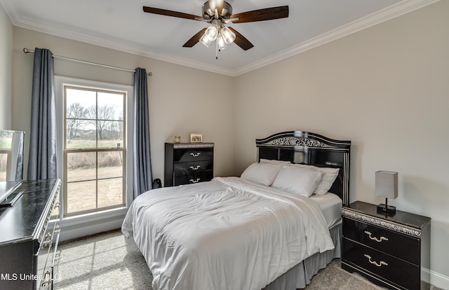 bedroom with light carpet, ornamental molding, multiple windows, and a ceiling fan