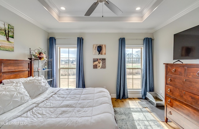 bedroom featuring multiple windows, a raised ceiling, and light wood-style flooring