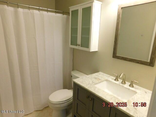 165 Christian College Rd, Senatobia, MS 38668 - bathroom with toilet, vanity, and a shower with shower curtain