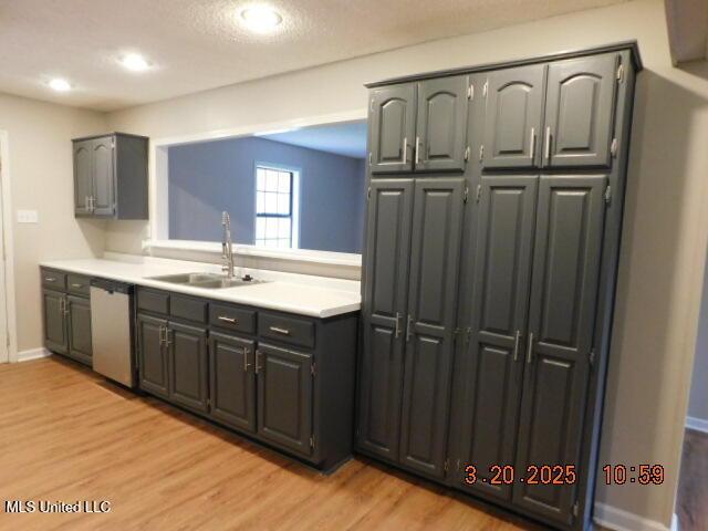 165 Christian College Rd, Senatobia, MS 38668 - kitchen featuring stainless steel dishwasher, a sink, light wood-style flooring, light countertops, and recessed lighting