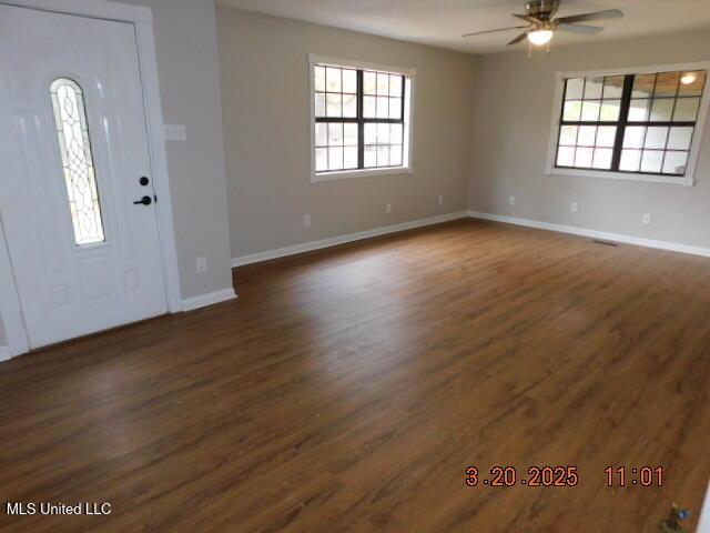 165 Christian College Rd, Senatobia, MS 38668 - entrance foyer with plenty of natural light, a ceiling fan, baseboards, and dark wood-type flooring