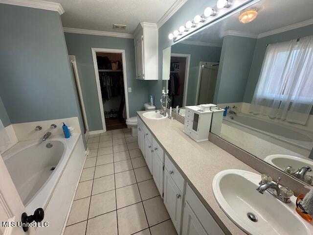 full bathroom with ornamental molding, vanity, independent shower and bath, tile patterned flooring, and toilet