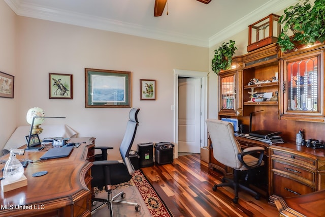 13129 Jordan Bluff Rd, Kiln, MS 39556 - office featuring a ceiling fan, dark wood finished floors, and ornamental molding