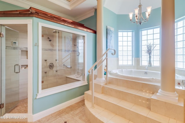13129 Jordan Bluff Rd, Kiln, MS 39556 - bathroom featuring a bath, a stall shower, ornamental molding, and a chandelier