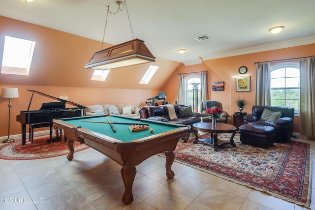 13129 Jordan Bluff Rd, Kiln, MS 39556 - recreation room featuring a skylight, healthy amount of natural light, billiards, crown molding, and vaulted ceiling
