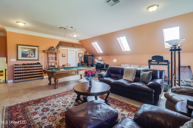 13129 Jordan Bluff Rd, Kiln, MS 39556 - living area featuring pool table, a skylight, crown molding, and lofted ceiling