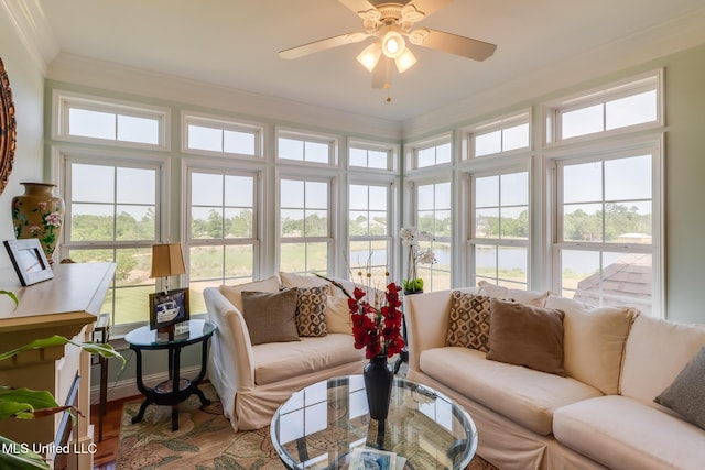 13129 Jordan Bluff Rd, Kiln, MS 39556 - sunroom / solarium with ornamental molding, a water view, healthy amount of natural light, wood finished floors, and french doors