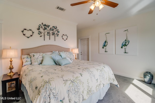 13129 Jordan Bluff Rd, Kiln, MS 39556 - bedroom with carpet flooring, ornamental molding, a ceiling fan, and baseboards
