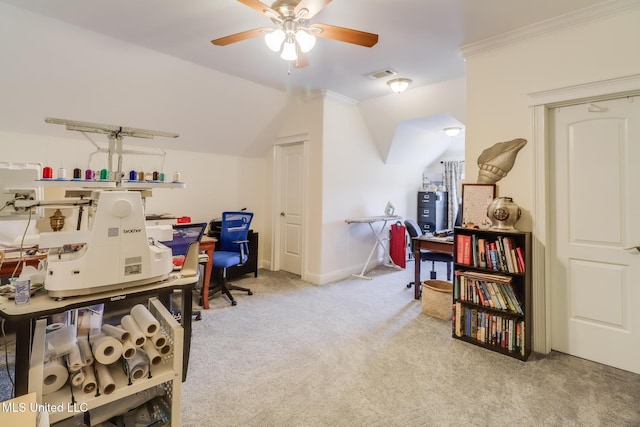 13129 Jordan Bluff Rd, Kiln, MS 39556 - carpeted home office featuring a ceiling fan, lofted ceiling, and baseboards