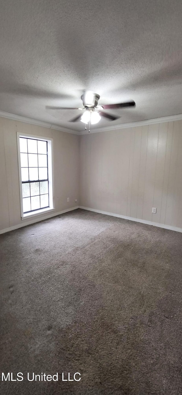 carpeted spare room featuring a textured ceiling, ceiling fan, and crown molding