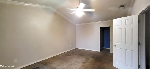 spare room featuring ceiling fan, crown molding, and lofted ceiling