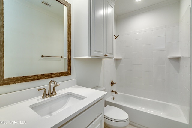 full bathroom featuring vanity, toilet, shower / tub combination, and crown molding